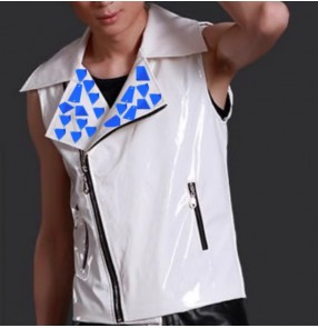 Men's youth white pu leather jazz dance waistcoats with lens sequins glitter punk rock style dj ds singers gogo dancers dance vest for man